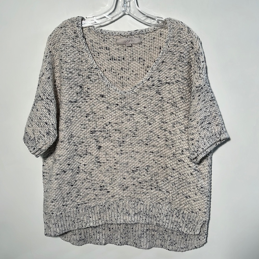 LOFT Lagenlook Chunky Knit Confetti Short SLV Hi-Lo V-Neck Cotton Sweater SZ M
